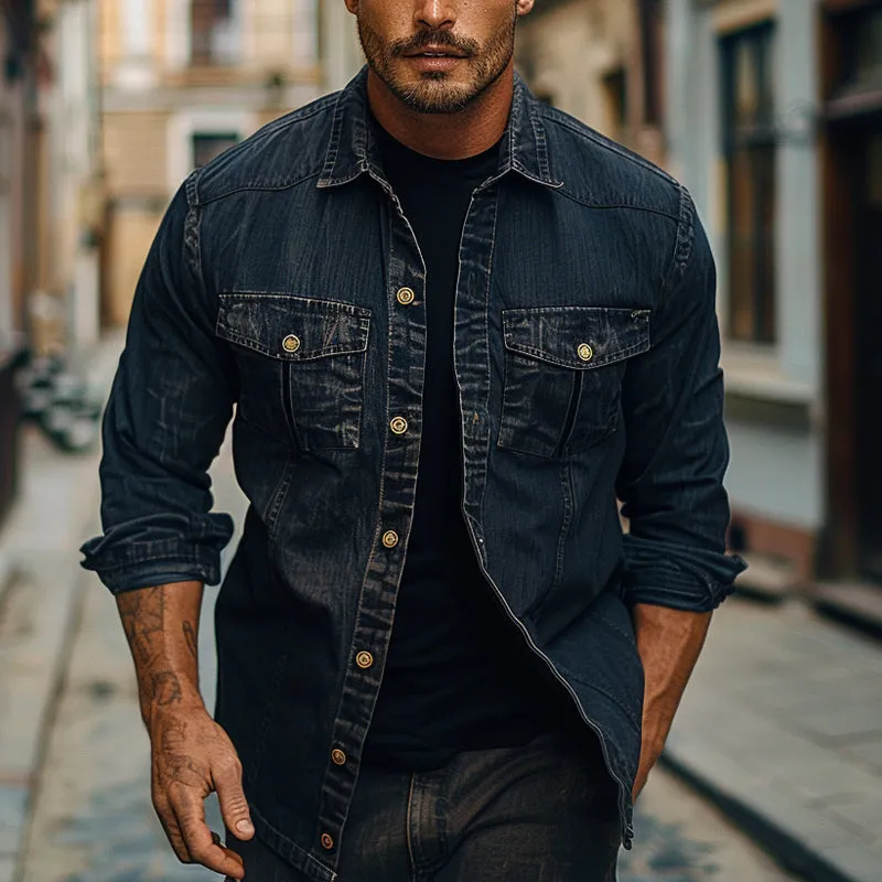 Men's Vintage Washed Lapel Long Sleeve Denim Shirt 22517995X sold by Manly product image thumbnail 2