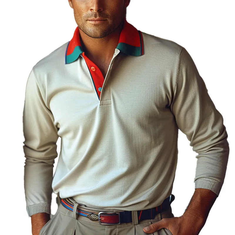 Men's Casual Contrast Color Long Sleeve POLO Shirt 37460254X sold by Manly