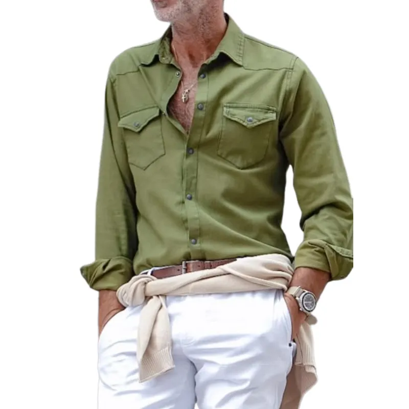Men's Casual Cotton Washed Lapel Slim Fit Long Sleeve Shirt 33527021M sold by Manly