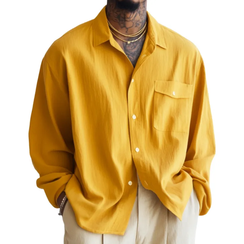 Men's Casual Cotton Linen Lapel Patch Pocket Loose Long Sleeve Shirt 55250799M sold by Manly