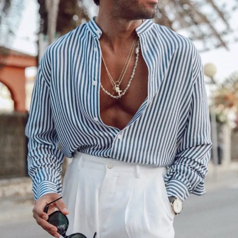 Men's Casual Stand Collar Cotton Striped Loose Long Sleeve Shirt 01928406M sold by Manly product image thumbnail 2
