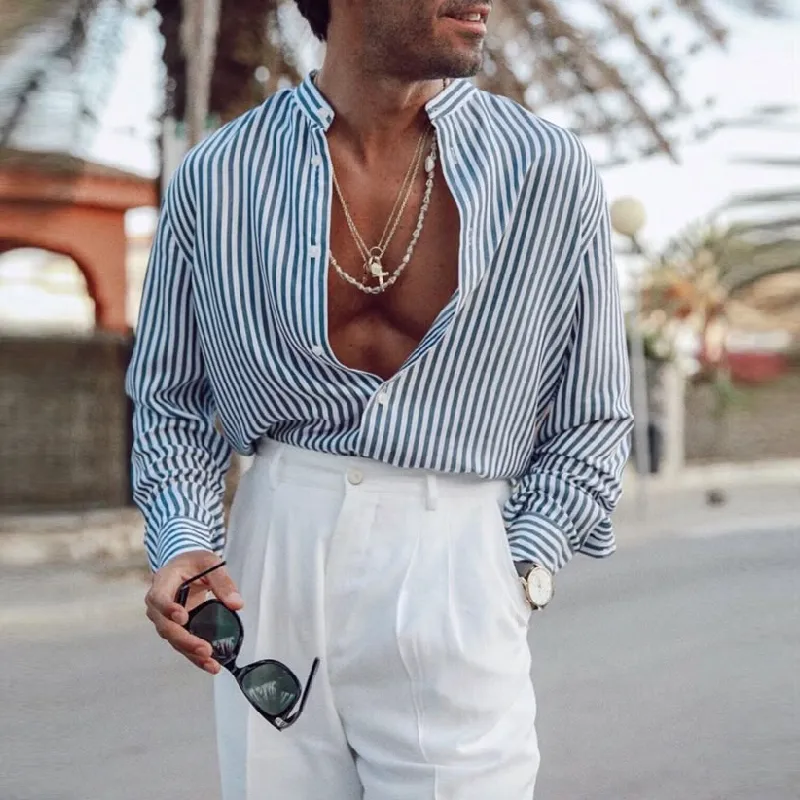Men's Casual Stand Collar Cotton Striped Loose Long Sleeve Shirt 01928406M sold by Manly product image thumbnail 3