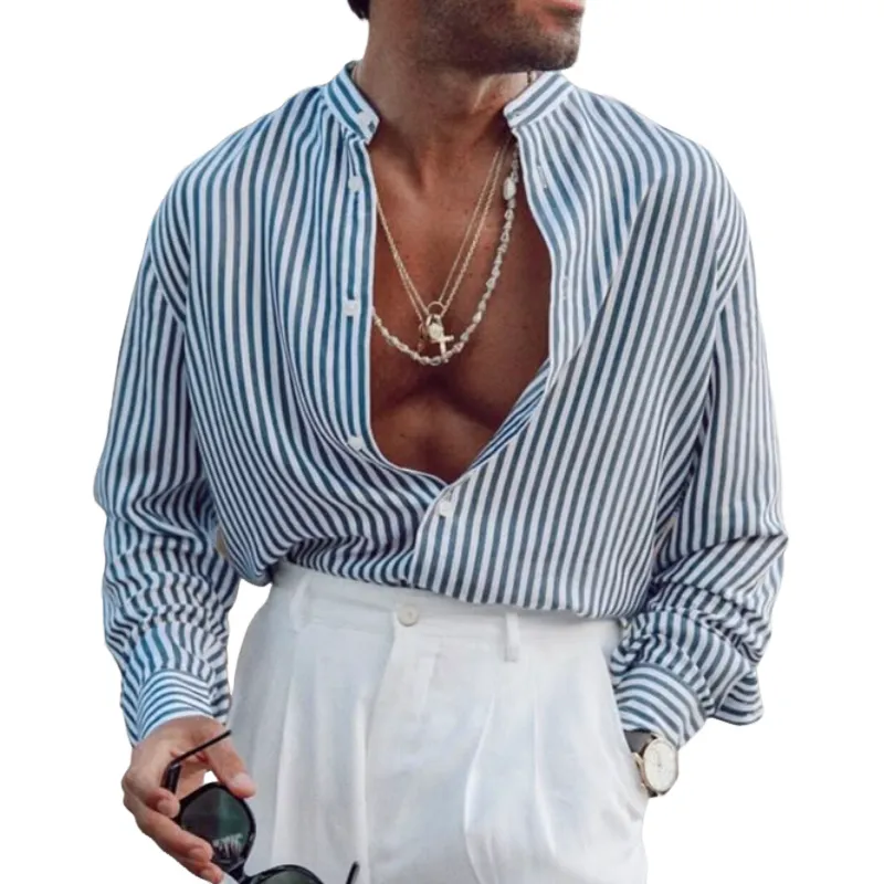 Men's Casual Stand Collar Cotton Striped Loose Long Sleeve Shirt 01928406M sold by Manly