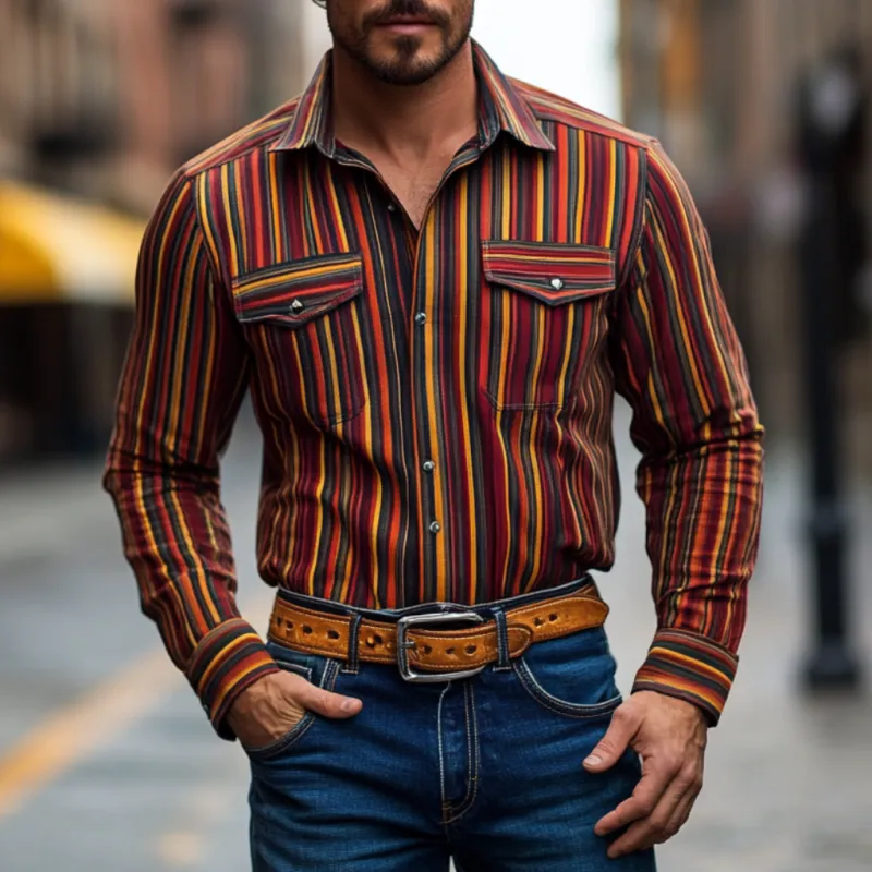 Men's Western Cowboy Striped Lapel Chest Pocket Long Sleeve Shirt 25526723M sold by Manly product image thumbnail 2