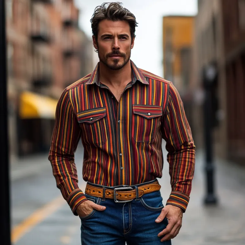 Men's Western Cowboy Striped Lapel Chest Pocket Long Sleeve Shirt 25526723M sold by Manly product image thumbnail 3