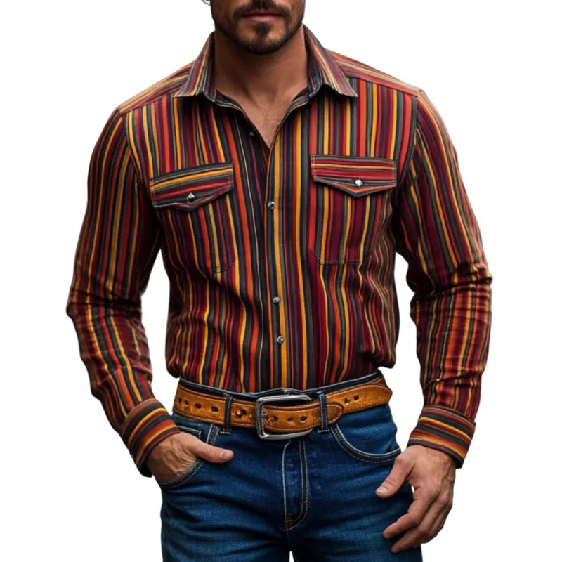 Men's Western Cowboy Striped Lapel Chest Pocket Long Sleeve Shirt 25526723M sold by Manly