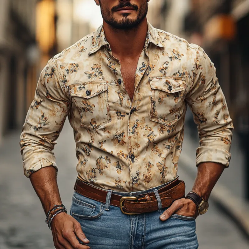 Men's Western Cowboy Print Lapel Chest Pocket Long Sleeve Shirt 96554504M sold by Manly product image thumbnail 2