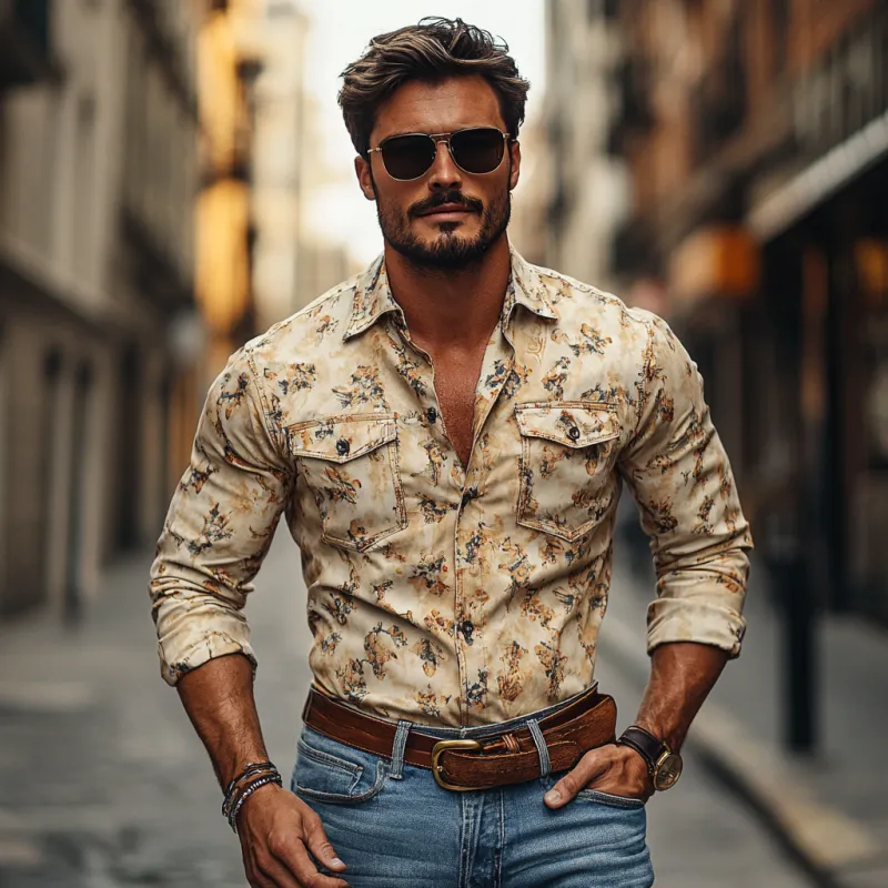 Men's Western Cowboy Print Lapel Chest Pocket Long Sleeve Shirt 96554504M sold by Manly product image thumbnail 3