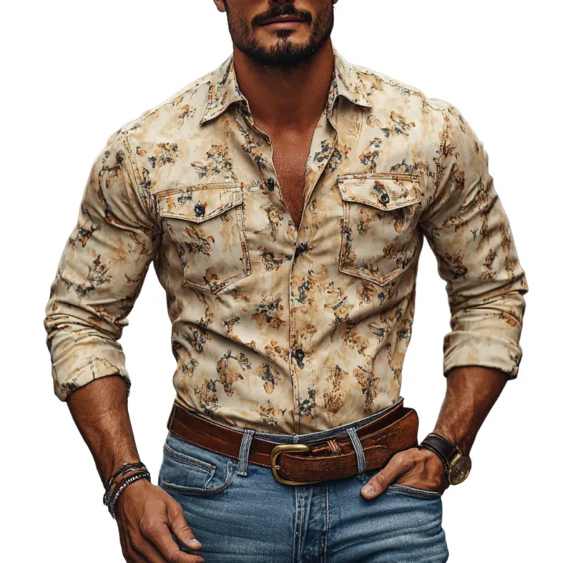 Men's Western Cowboy Print Lapel Chest Pocket Long Sleeve Shirt 96554504M sold by Manly