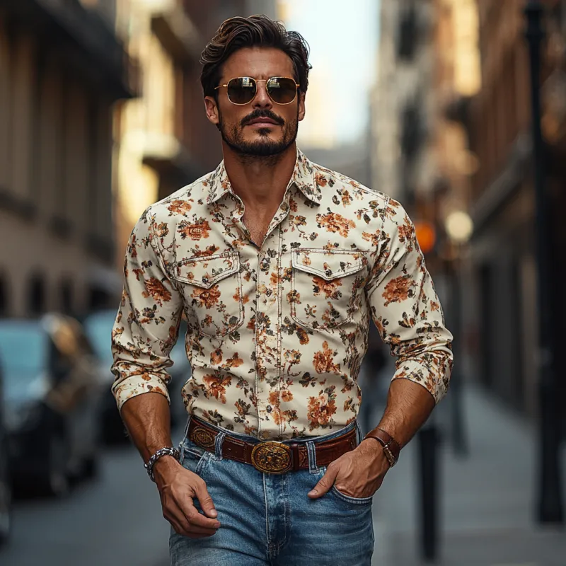 Men's Western Cowboy Print Lapel Chest Pocket Long Sleeve Shirt 08697623M sold by Manly product image thumbnail 3