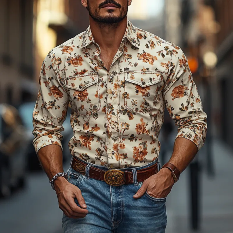 Men's Western Cowboy Print Lapel Chest Pocket Long Sleeve Shirt 08697623M sold by Manly product image thumbnail 2