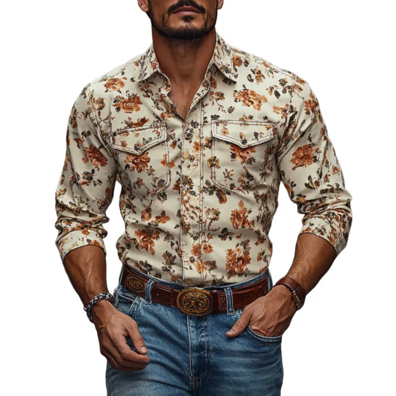 Men's Western Cowboy Print Lapel Chest Pocket Long Sleeve Shirt 08697623M sold by Manly