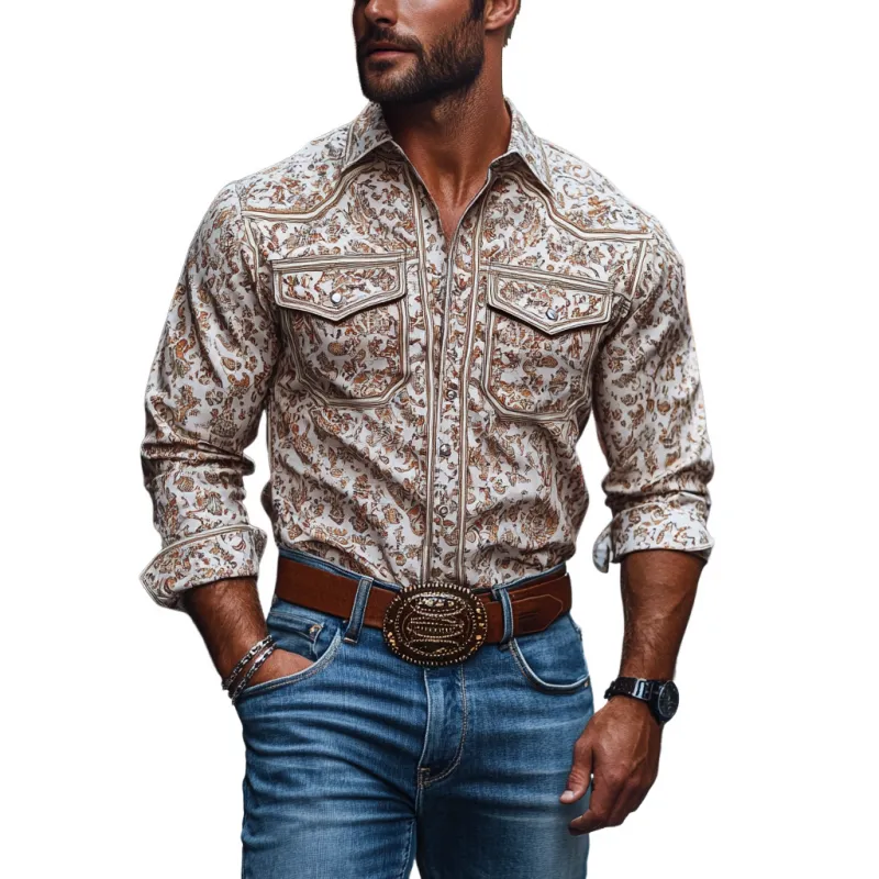 Men's Western Cowboy Print Lapel Chest Pocket Long Sleeve Shirt 30962942M sold by Manly
