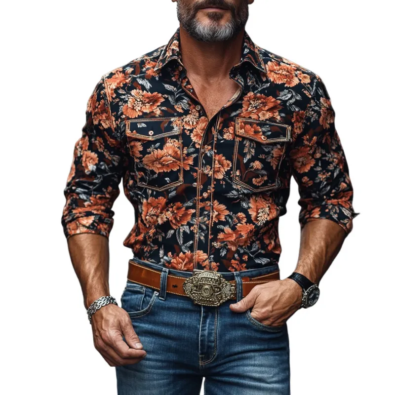 Men's Western Cowboy Print Lapel Chest Pocket Long Sleeve Shirt 64908553M sold by Manly