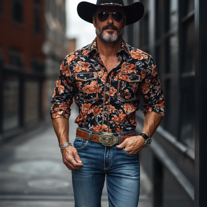 Men's Western Cowboy Print Lapel Chest Pocket Long Sleeve Shirt 64908553M sold by Manly product image thumbnail 3