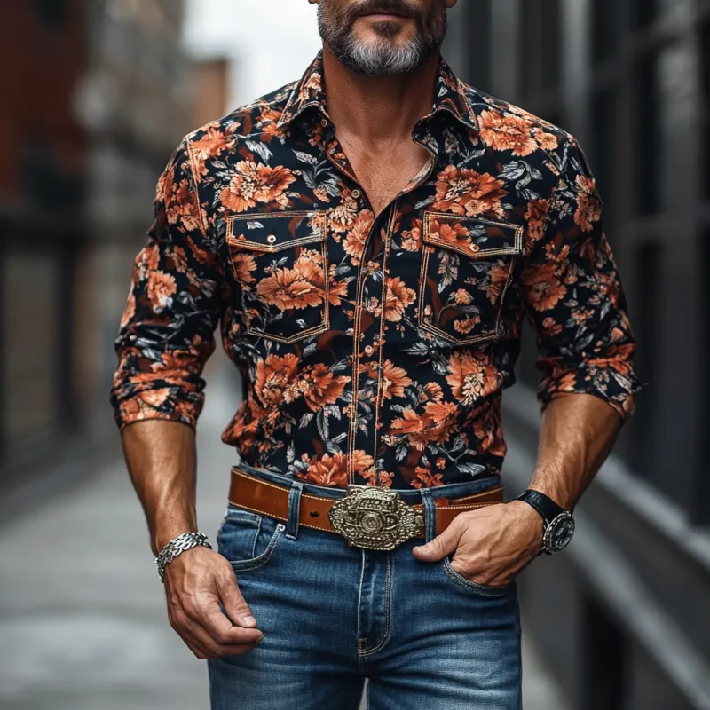 Men's Western Cowboy Print Lapel Chest Pocket Long Sleeve Shirt 64908553M sold by Manly product image thumbnail 2