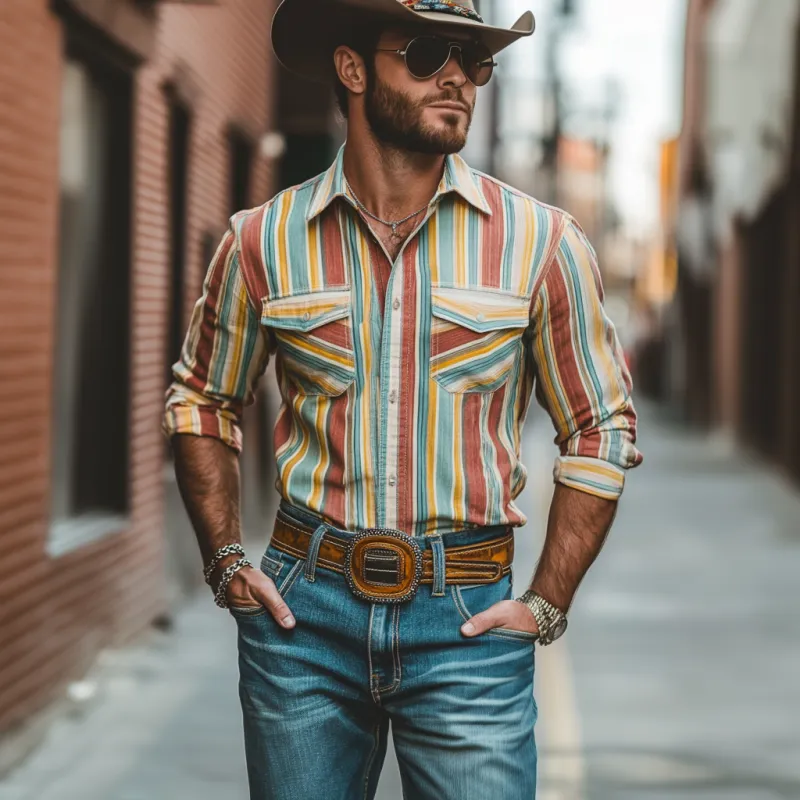 Men's Western Cowboy Striped Lapel Chest Pocket Long Sleeve Shirt 87312912M sold by Manly product image thumbnail 3