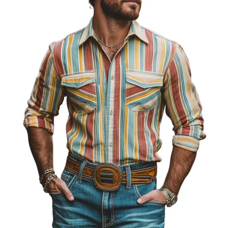 Men's Western Cowboy Striped Lapel Chest Pocket Long Sleeve Shirt 87312912M sold by Manly