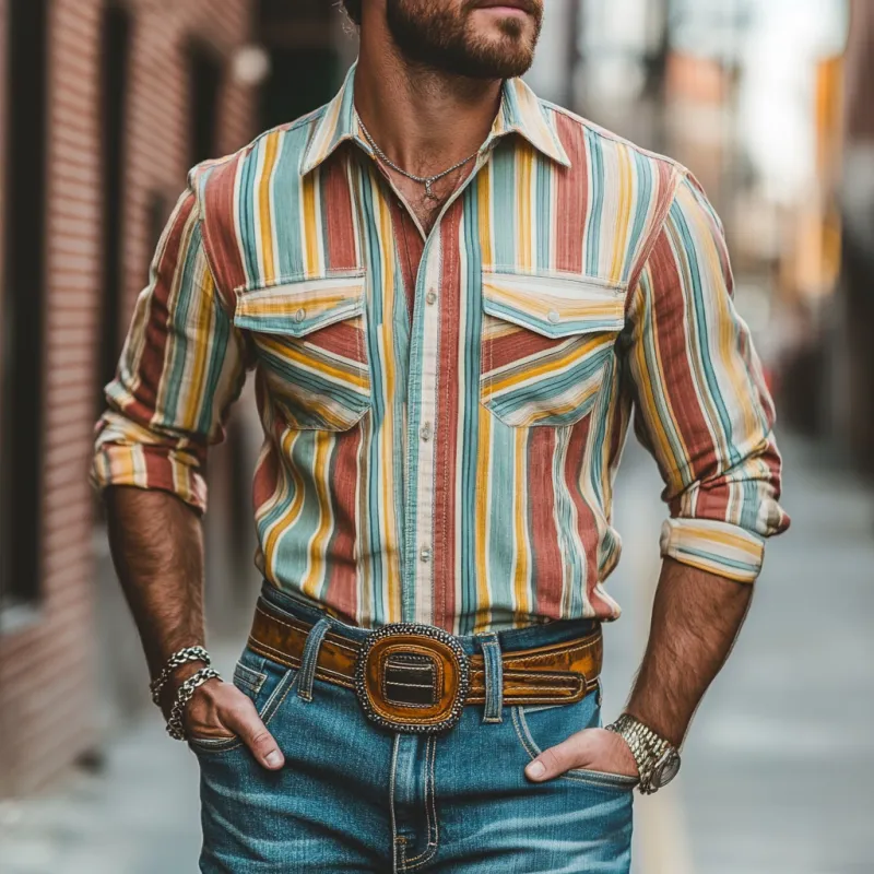 Men's Western Cowboy Striped Lapel Chest Pocket Long Sleeve Shirt 87312912M sold by Manly product image thumbnail 2