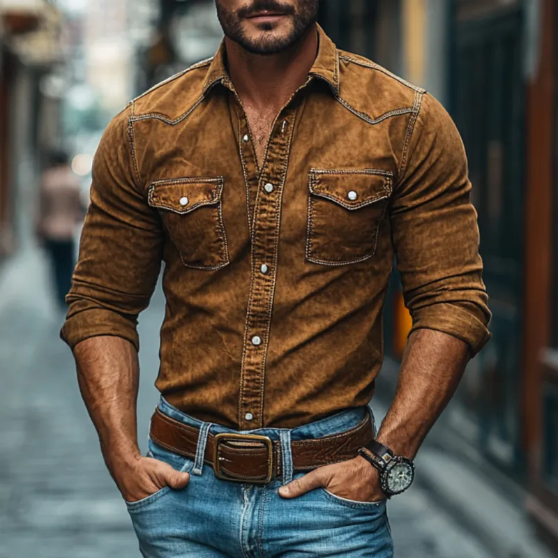 Men's Vintage Suede Lapel Chest Pocket Slim Fit Long Sleeve Shirt 08994049M sold by Manly product image thumbnail 2