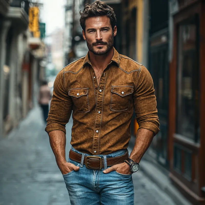 Men's Vintage Suede Lapel Chest Pocket Slim Fit Long Sleeve Shirt 08994049M sold by Manly product image thumbnail 3