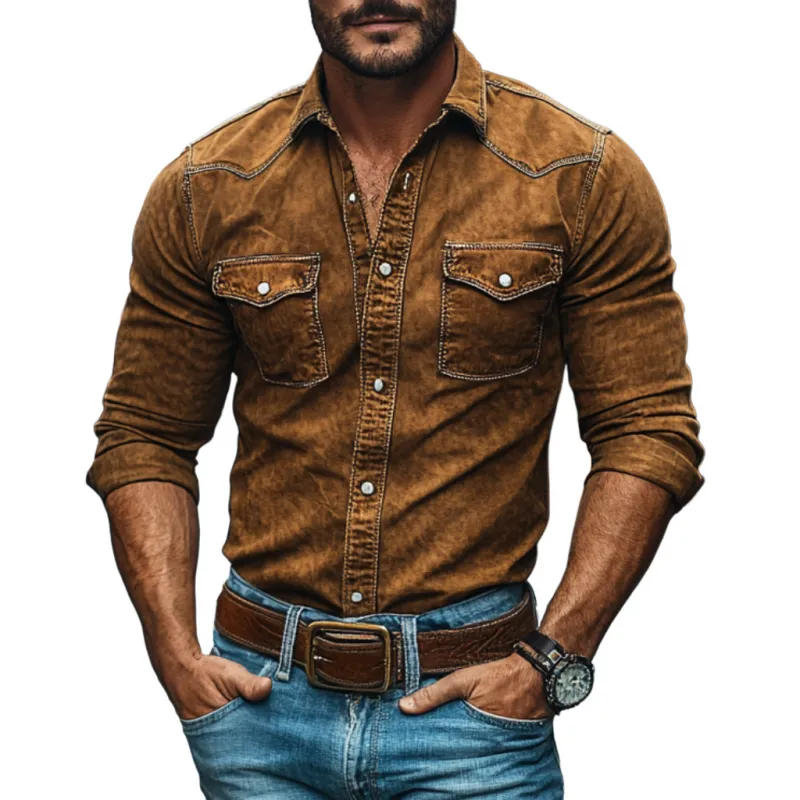 Men's Vintage Suede Lapel Chest Pocket Slim Fit Long Sleeve Shirt 08994049M sold by Manly