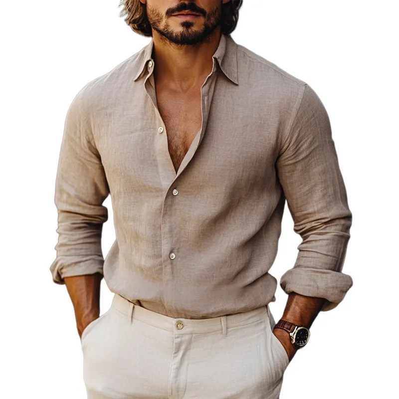 Men's Khaki Skin-friendly Cotton and Linen Long Sleeve Shirt 23604009U sold by Manly