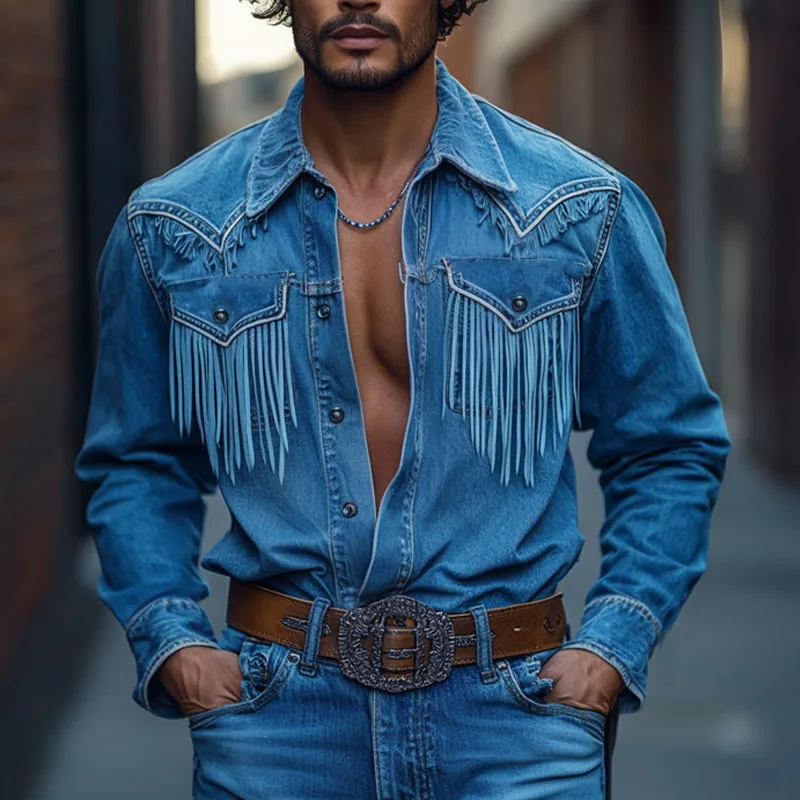 【24-hour shipping out】Men's Retro Western Cowboy Tassel Stitching Denim Long Sleeve Shirt 10742814U sold by Manly product image thumbnail 2
