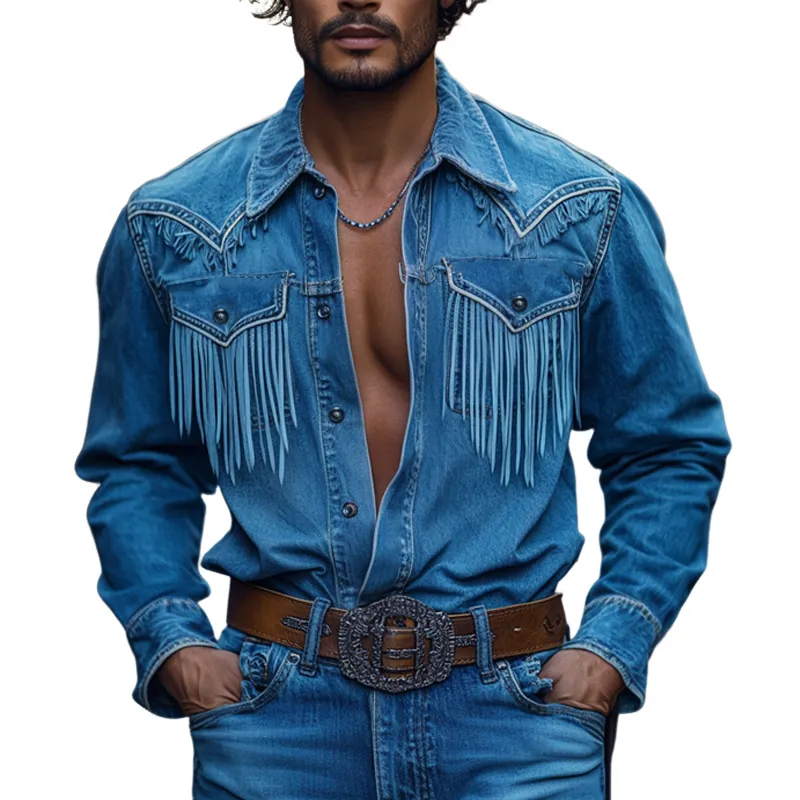 【24-hour shipping out】Men's Retro Western Cowboy Tassel Stitching Denim Long Sleeve Shirt 10742814U sold by Manly