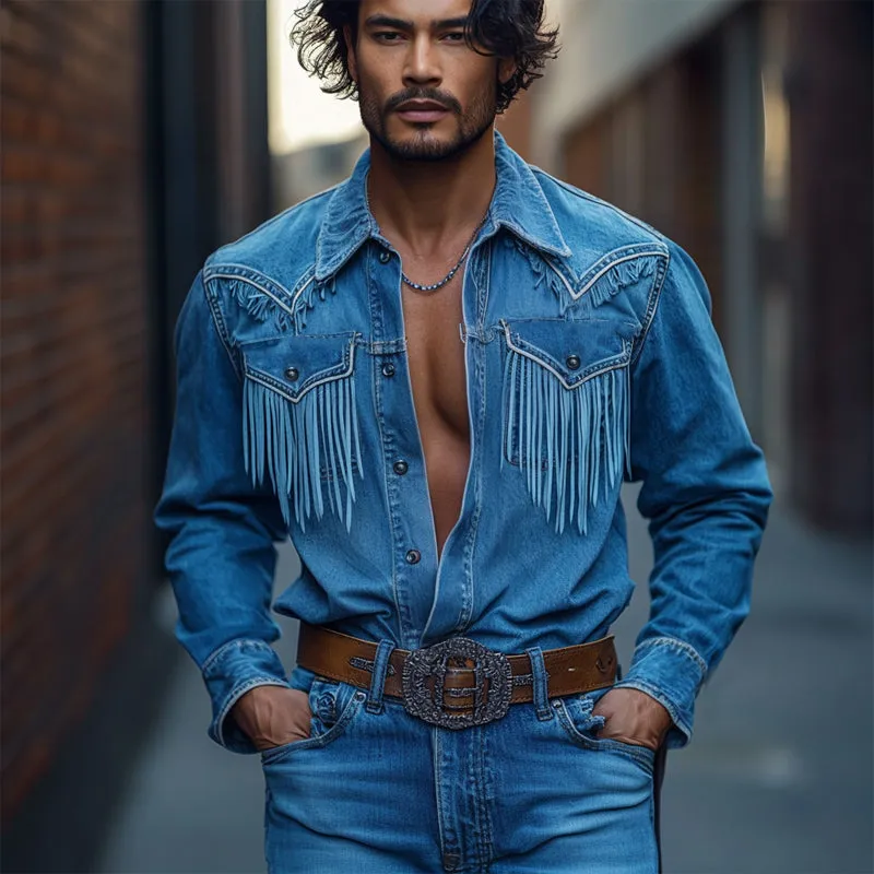 【24-hour shipping out】Men's Retro Western Cowboy Tassel Stitching Denim Long Sleeve Shirt 10742814U sold by Manly product image thumbnail 3