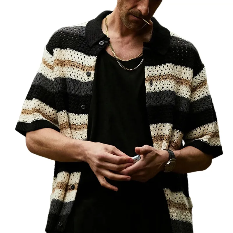 Men's Vintage Color Block Knitted Mesh Short Sleeve Shirt 14943053U sold by Manly