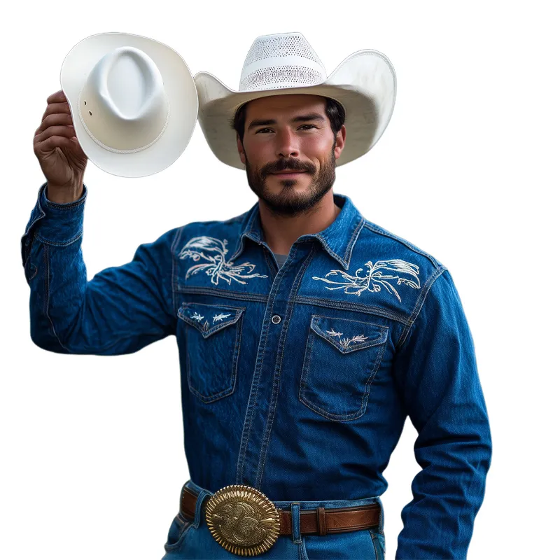 Men's Western Cowboy Vintage Embroidered Denim Long Sleeve Shirt 24224581U sold by Manly