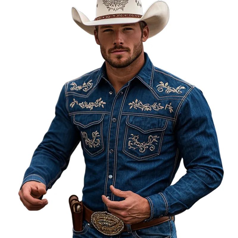 Men's Western Cowboy Vintage Embroidered Denim Long Sleeve Shirt 85862990U sold by Manly