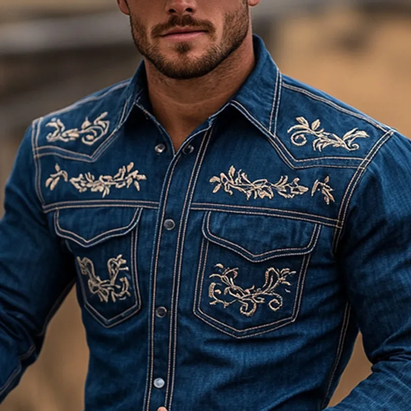 Men's Western Cowboy Vintage Embroidered Denim Long Sleeve Shirt 85862990U sold by Manly product image thumbnail 4