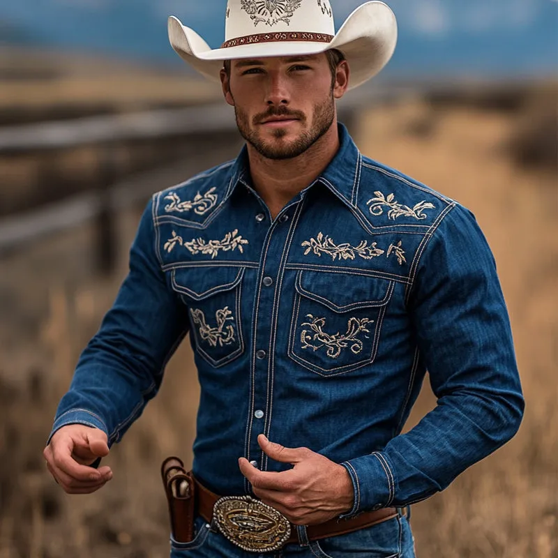 Men's Western Cowboy Vintage Embroidered Denim Long Sleeve Shirt 85862990U sold by Manly product image thumbnail 2