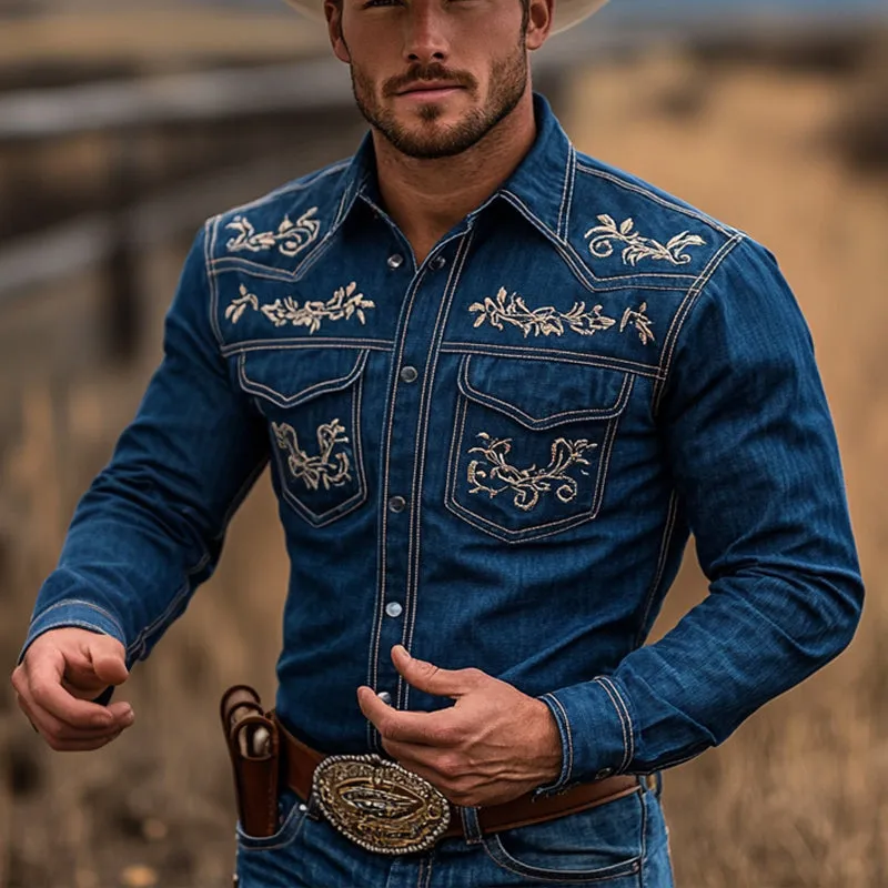Men's Western Cowboy Vintage Embroidered Denim Long Sleeve Shirt 85862990U sold by Manly product image thumbnail 3