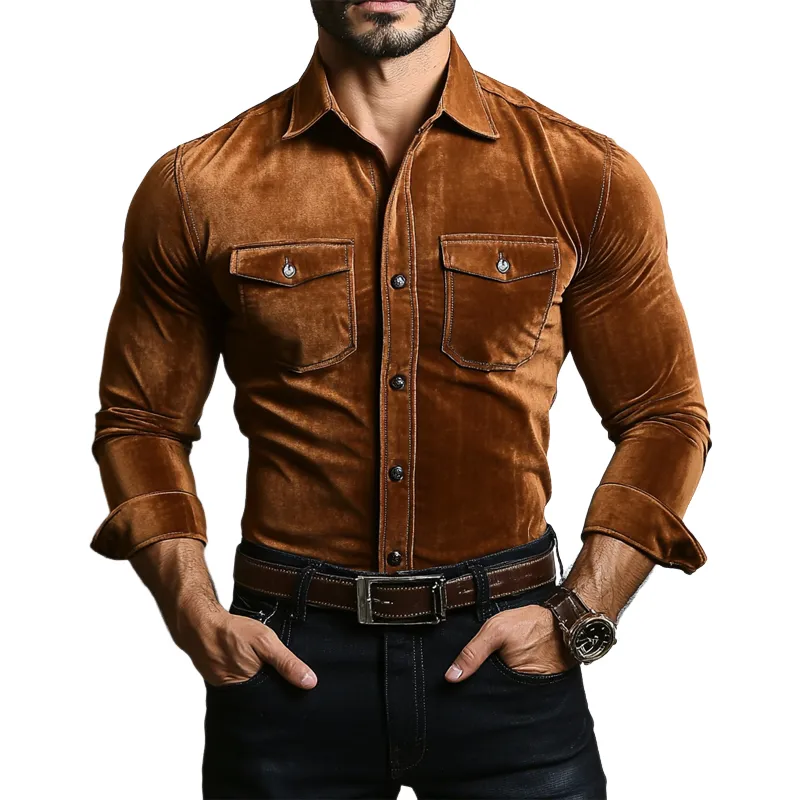 Men's Vintage Khaki Velvet Slim Fit Long Sleeve Shirt 12804087U sold by Manly