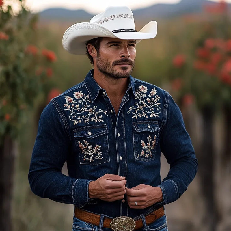 Men's Western Cowboy Vintage Embroidered Denim Long Sleeve Shirt 17512716U sold by Manly product image thumbnail 3