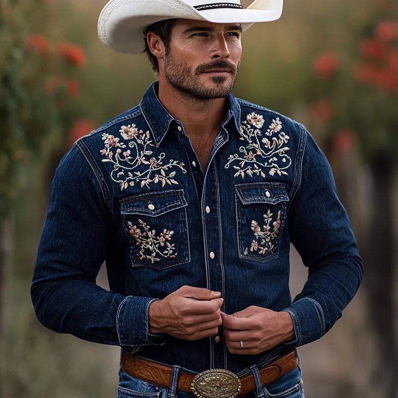 Men's Western Cowboy Vintage Embroidered Denim Long Sleeve Shirt 17512716U sold by Manly product image thumbnail 2