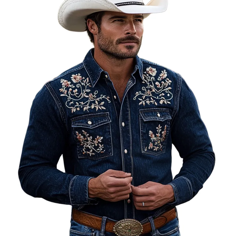 Men's Western Cowboy Vintage Embroidered Denim Long Sleeve Shirt 17512716U sold by Manly