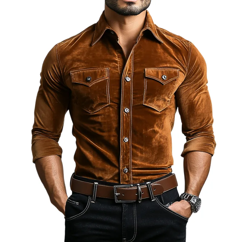 Men's Vintage Khaki Velvet Slim Fit Long Sleeve Shirt 80633902U sold by Manly