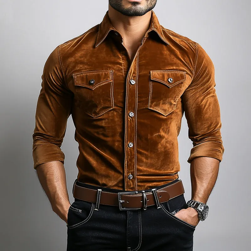 Men's Vintage Khaki Velvet Slim Fit Long Sleeve Shirt 80633902U sold by Manly product image thumbnail 2