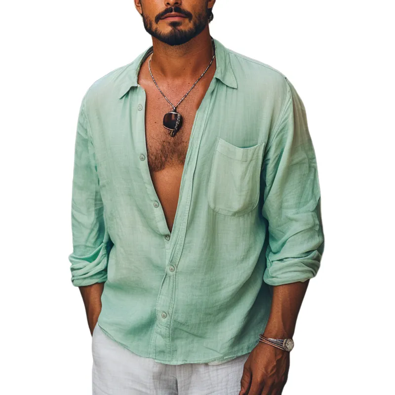 Men's Mint Green Skin-friendly Cotton and Linen Long-sleeved Shirt 14450404U sold by Manly