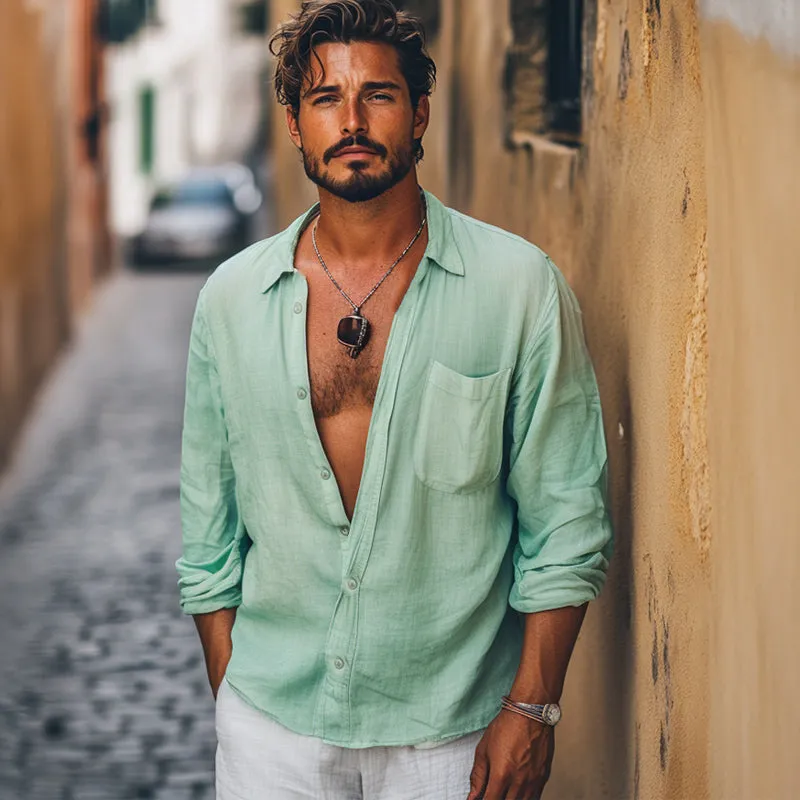 Men's Mint Green Skin-friendly Cotton and Linen Long-sleeved Shirt 14450404U sold by Manly product image thumbnail 3