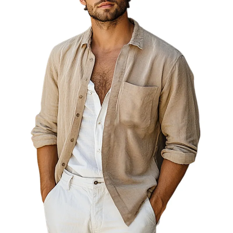 Men's Casual Loose Khaki Corduroy Long-sleeved Shirt 23476470U sold by Manly