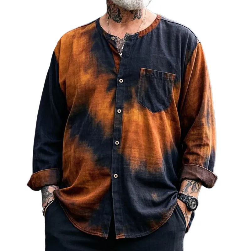 Men's Casual Vintage Collarless Tie-dye Printed Cotton Blend Long-sleeved Shirt 81848604F sold by Manly