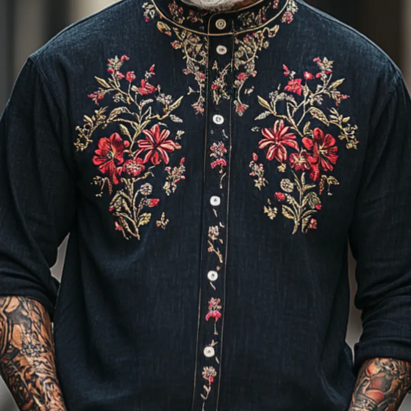Men's Vintage Casual Round Neck Cotton Blend Embroidered Long Sleeve Shirt 26271791F sold by Manly product image thumbnail 3