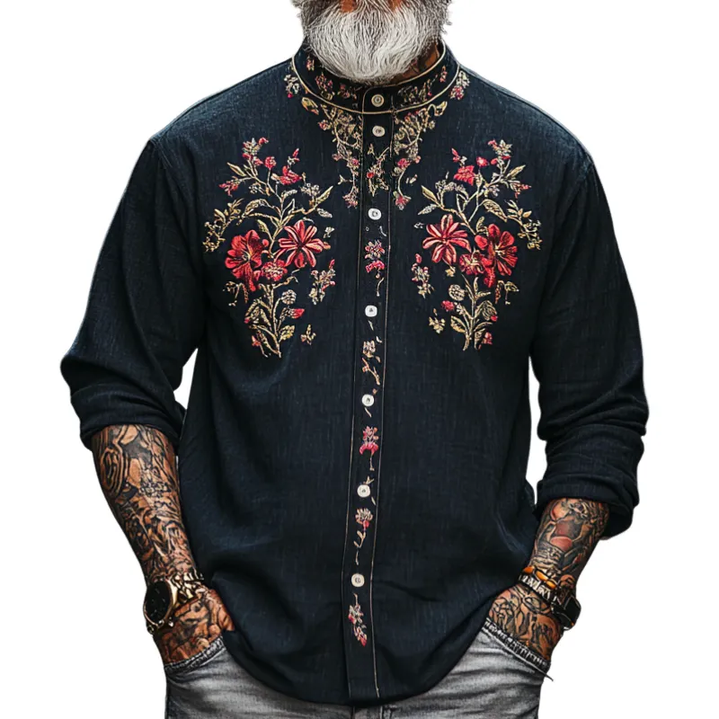 Men's Vintage Casual Round Neck Cotton Blend Embroidered Long Sleeve Shirt 26271791F sold by Manly