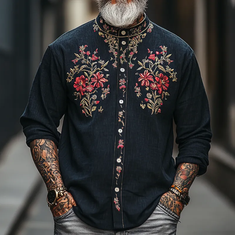 Men's Vintage Casual Round Neck Cotton Blend Embroidered Long Sleeve Shirt 26271791F sold by Manly product image thumbnail 2
