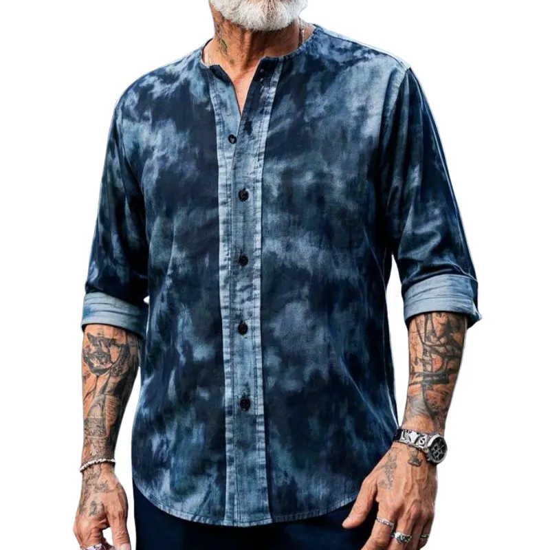Men's Casual Vintage Collarless Tie-dye Printed Cotton Blend Long-sleeved Shirt 50418618F sold by Manly